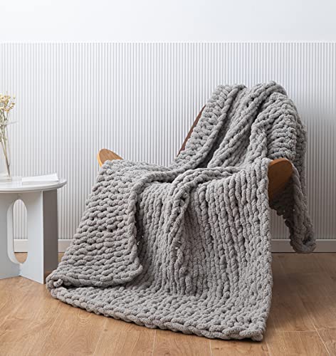Chunky Knit Blanket Soft Chenille Yarn Knitted Throw Blanket 50"X60" Handmade Cable Warm Thick Giant Blanket For Couch Bed Trips (Light Grey, Throw 50"X60") #TOP6