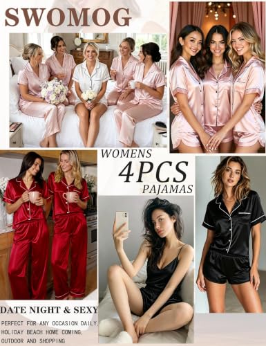 Image of SWOMOG Womens Silk Satin Pajamas Sets 4pcs Sleepwear Sexy Cami Shorts Set and Button Down Short Sleeve Pjs Loungewear Sakura Pink X-Small
