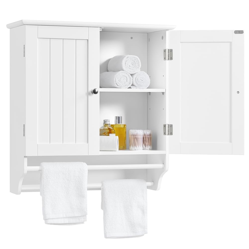 Yaheetech Meuble Haut/Armoire Murale de Salle de Bain en Bois, 60 x 22,5 x 64 cm, 2 Portes/Étagères/Porte-Serviettes, Meuble Suspendu Toilette WC Entrée Blanc