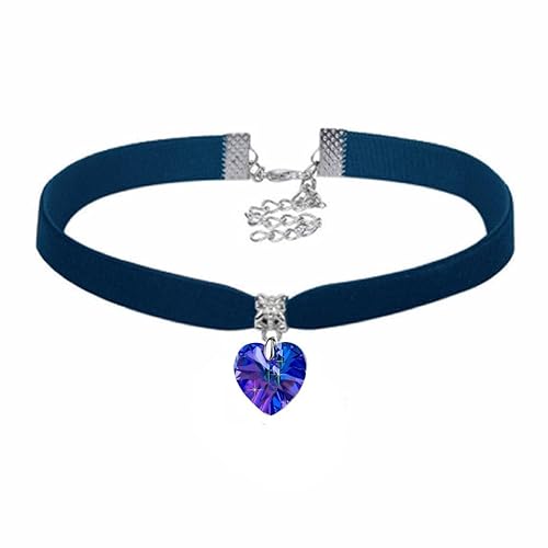 Gregory Crafts & Gifts Gothic Choker Necklace - Navy Blue Velvet and AB Crystal Blue Heart Shaped Gem, Women's Jewellery, Halloween, Fancy Dress, Cosplay