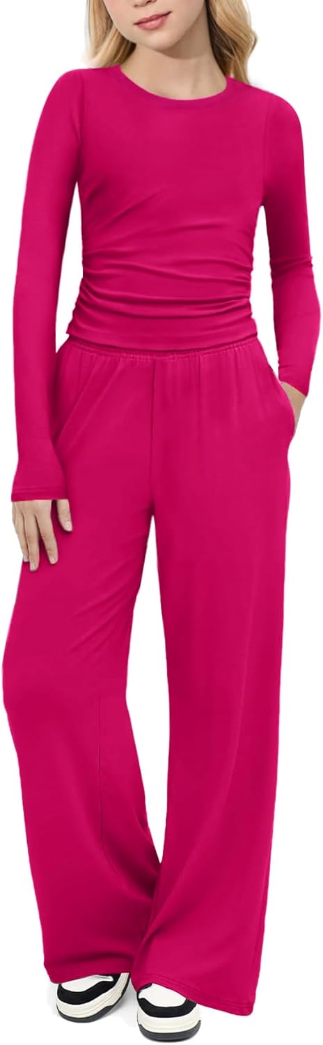 Arshiner Girls 2 Piece Set Fall Outfits Lounge Sets Ruched Long Sleeve Top Wide Leg Pants Sweatsuit Clothing Set
