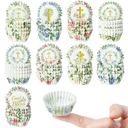 COcnny Religious Mini Cupcake Liners - 720pcs Small Muffin Liner for Baking, Cross God Floral Flower Cup Cake Paper Wrapper, Easter Christening First Communion Candy Wrap Making Supplies (9 Style)