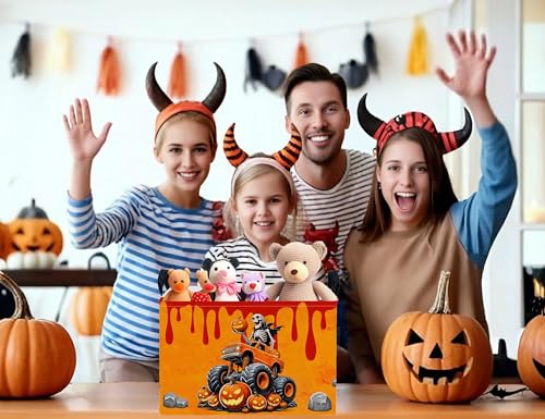 Image of Large Halloween Themed Candy Gift Boo Basket for Kids Baby Personalized Adults Storage Bin Fall Decor(Skeleton Monster Truck)