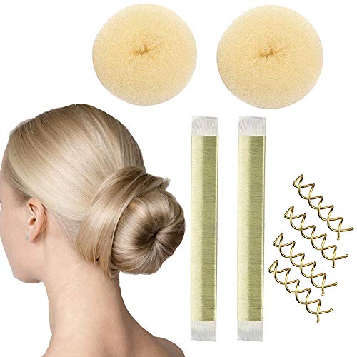 Magic Hair Bun Maker 8 pack Small Hair Buns- 2 Donuts Bun Maker + 2 French Twist Hair Fold Wrap Snap Hair Bun Maker + 4 Spiral Bobby Pins, Essentials for The Perfect Bun Women Girls (Blonde)
