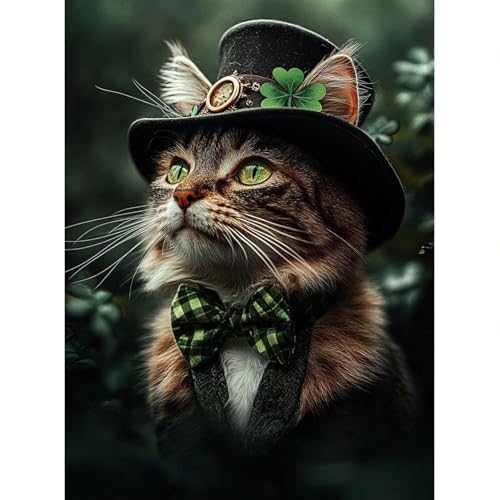 AIHNBF Cat Canvas Wall Art with Top Hat & Bow Tie, Feline Animal Print, Elegant Cat Portrait with Green Eyes & Shamrock, Whimsical Pet Decor for Living Room, Canvas 80 x 120 cm steampunk buy now online