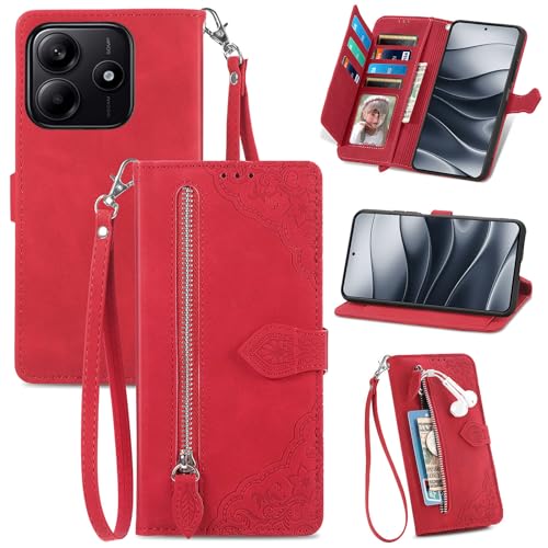 Cover per Xiaomi Redmi Note 14 5G POCO M7 Pro Custodia a Libro pelle PU Flip Case con Porta Carte Chiusura Magnetica e Cinturino Disegni di Fiori Portafoglio Antiurto Rosso