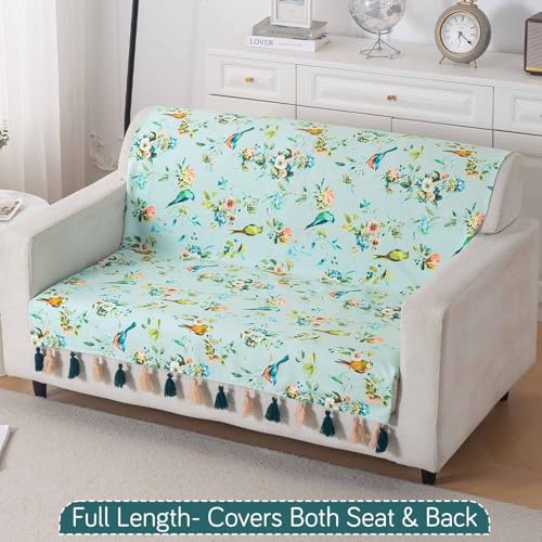 Image of HOKIPO Sofa Cover with Tassel for 2 Seater Sofa | Full Protection for Seat and Back | Printed Holland Velvet Fabric | 'Whispers of Nature' (160x120 cm), Mint Birdsong Blossom (IN-1126-D3)