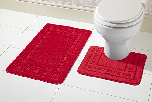 Olivia Rocco Miami 2 Piece Bath Mat & Pedestal Set, Non Slip Bathroom Set (Red)
