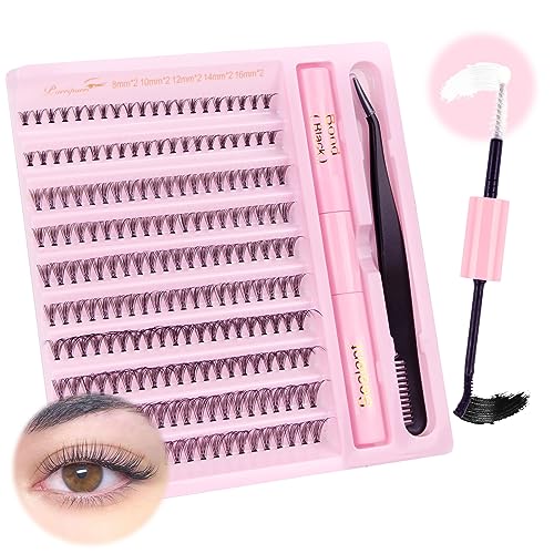 Parriparri Lash Extension Kit 200pcs DIY Individual Lashes with Bond and Seal and Lash Applicator C Curl Cluster Lashes Kit 20D False Eyelashes Extension for DIY at Home (20D-0.07C-8-16MIX KIT)