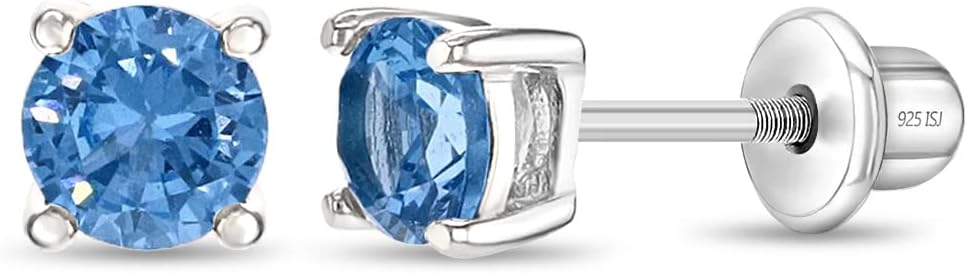 In Season Jewelry CZ Solitaire Kids Earrings - 925 Sterling Silver Hypoallergenic Earrings for Girls with Secure Screw Backs - Safe & Comfortable for Kids & Little Girls
