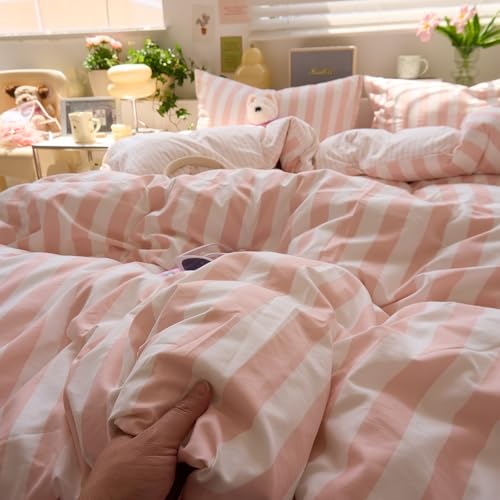 Image of VM VOUGEMARKET Pink Stripes Duvet Cover Set Queen Teens Girls Dorm Bedding Set Soft Lightweight Reversible Microfiber Farmhouse Duvet /Quilt Cover-90 x90,Pink White