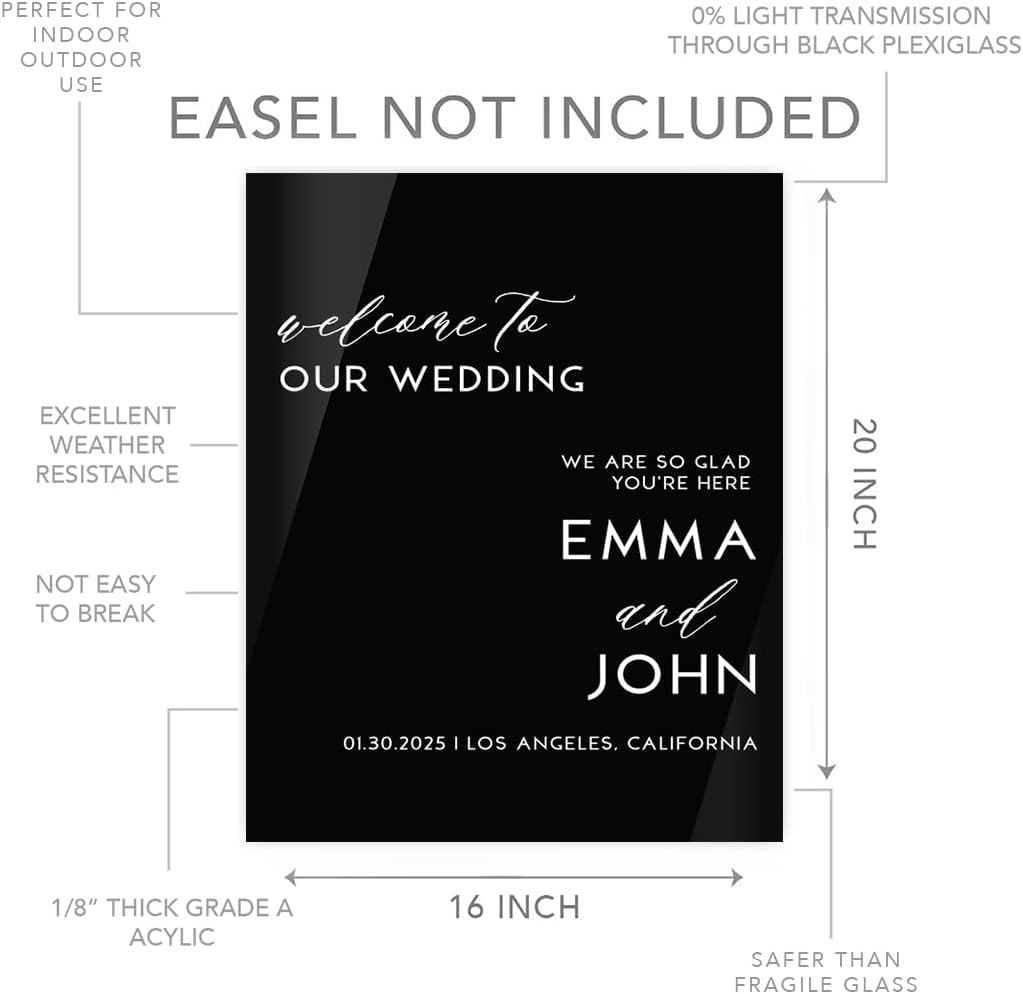 Andaz Press Personalized Welcome To Our Wedding Sign, Classic Modern 16" x 20" Custom Black Acrylic Wedding Welcome Sign for Reception, Ceremony, Easel Stand