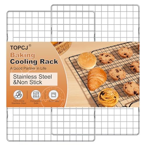 TOPCJ 2PCS Cooling Rack for Baking, 10”X15” Heavy Duty Wire Rack for Grilling,Baking, Roasting,Cooking,Non-Stick,For Jelly Roll Baking Trays,Multi-Purpose Drainer Rack,Stainless Steel,Silver