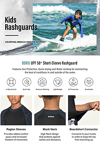 Tsla Upf 50+ Youth Kids Rash Guard Short Sleeve, Uv/Spf Surf Swim Shirt, Aqua Water Swimsuit Top, Short Sleeve Rashie Black & Charcoal, 10 #TOP5