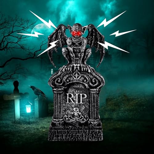 YUJUN Animated Halloween Tombstone Decoration,Lighted Gravestone Creepy Voice Spooky Bat