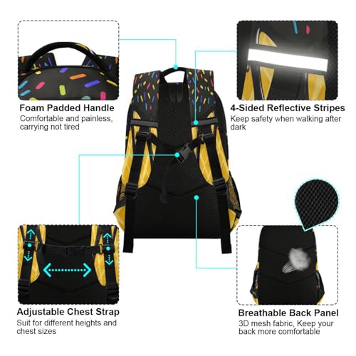 Image of Black Yellow Ice Cream Cute Backpacks with Chest Strap,Lightweight Bookbags 17 Inch, Casual Daypack Bags