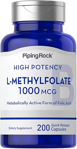 Piping Rock Suplemento de metilfolato L | 1000 mcg | 200 cápsulas | Forma activa de ácido fólico | Sin OMG, sin gluten