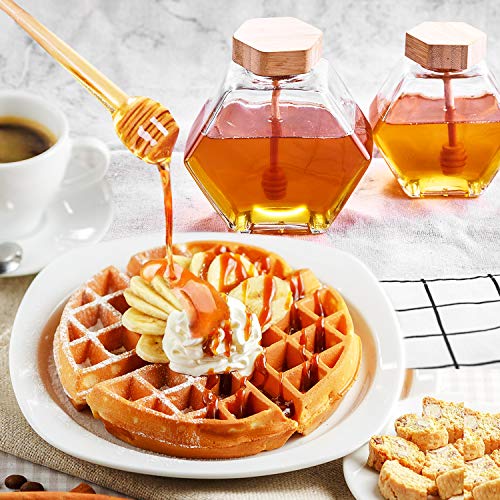Denois Honey Pot Glass Honey Jar with Wooden Dipper and Cork Lid Cover for Home Kitchen, Clear, 14 Ounces