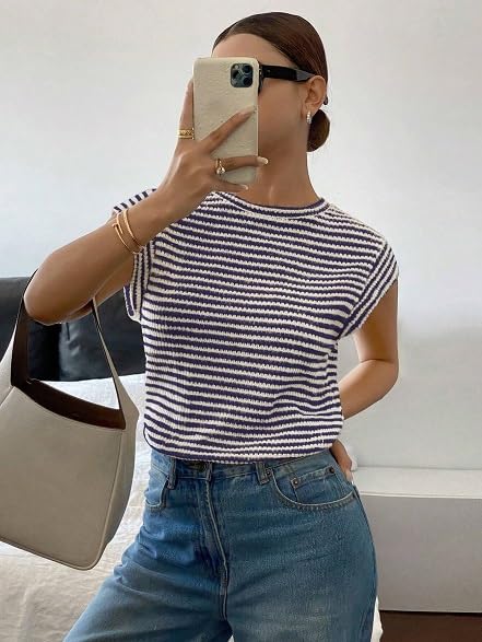 Image of Jawdrobe Women's Striped Western Top Round Neck Cap Sleeve T-Shirt for Women