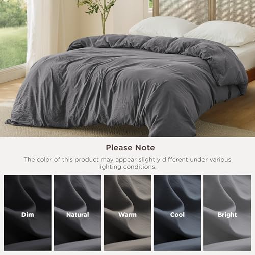 Image of Bedsure Prewashed Dark Grey Duvet Cover King Only, Cotton-Like Feel | 1 Duvet Cover Only, No Pillow Shams, Ultra Soft, Relaxed Texture, Zipper Closure, 8 Corner Ties, Year-Round, Easy Care