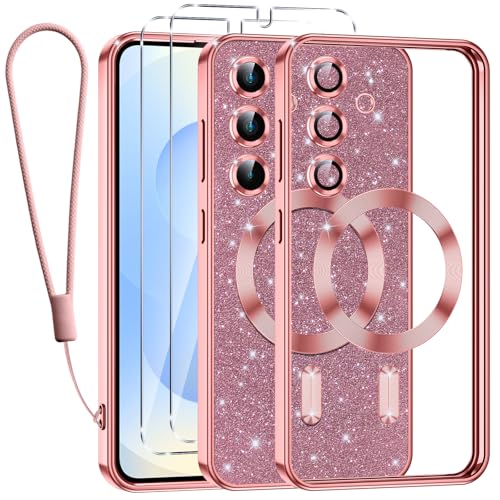 Tikfrlo Glitter Magnétique Coque pour Samsung Galaxy S25 Plus 5G avec Cordon, Compatible avec MagSafe Brillant Paillette Housse Étui Transparent Protection...