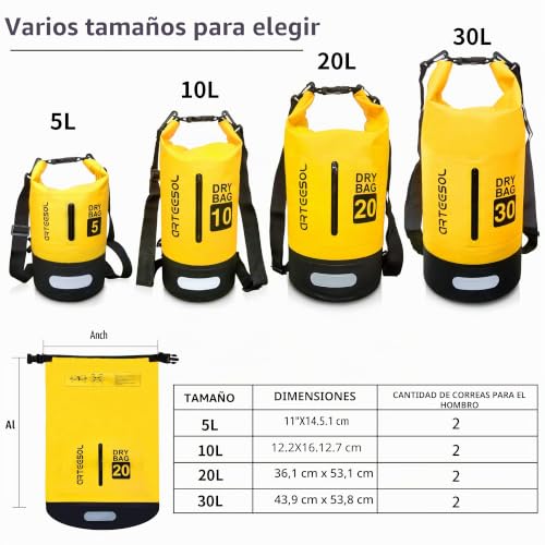 Miniatura 4 de Blackace Arteesol Bolsa Estanca, Dry Bag - 5l 10l 20l 30l Bolso Seco Impermeable Seca Bolsa Para Kayak Paseo En Barco Canoa Pesca Rafting Camping Playa Natación Snowboard