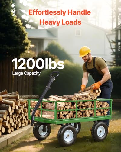 Image of VEVOR Steel Garden Cart, 1200 lbs Heavy Duty Pullable Garden Wagon Yard Cart, 2 in 1 Outdoor Metal Utility Wagon Yard Trailer with 13 inch All Terrain Tires, Mesh Detachable Sides and 180 Rotating Handle