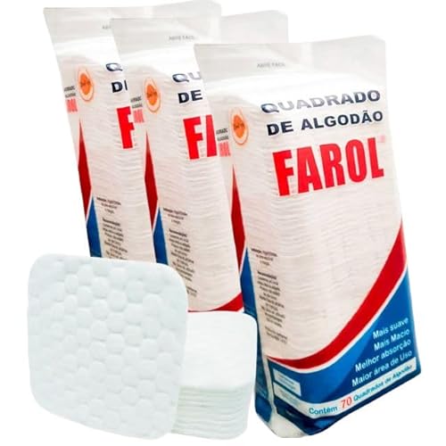 Kit de Algodão Quadrado Dupla Face Farol – 3 Pacotes com 70 Discos Cada, Total de 210 Unidades, 120
