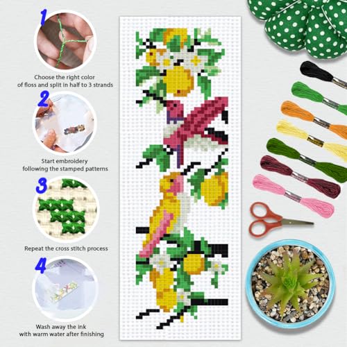 Image of BEUNITONE 6 Pcs Cross Stitch Bookmark Kit for Beginner Vintage Flower Hand Embroidery Kit with Instruction Hummingbird Stamped Embroidery Bookmarks Handmade for DIY Crafts Book Lovers 8.5''x3''
