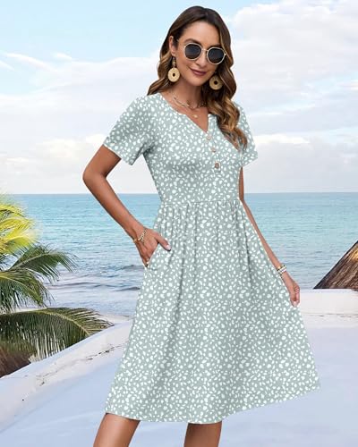 Image of WNEEDU Women V Neck Button Down Empire Waist Midi Summer Dress with Pockets