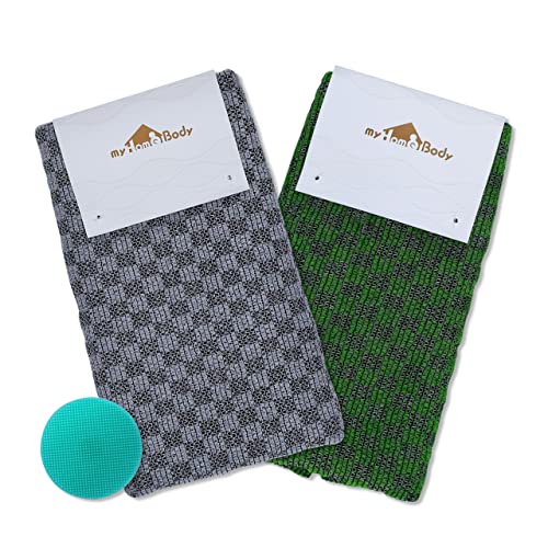 myHomeBody ToallitaExfoliante Extra Larga | Exfoliante Corporal Toallaexfoliante, toallajaponesa | 3D Textura Graphite Grey and Forest Green Checks, juego de 2 con cepillo facial extra Cover