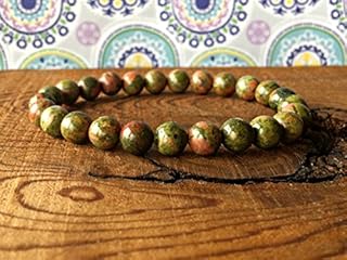 WORLD WIDE GEMS Empath Protection 8mm Stretchable Green Unakite Bracelet Round, Smooth 7" for mens, womens, gf, bf & Adult.