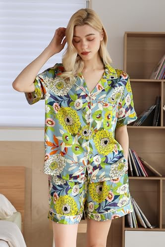 Image of YiNi LuLu Womens Silk Satin Shorts Pajamas Set Button Down 2 Piece Pjs Short Sleeve Oversized Sleepwear with Pockets