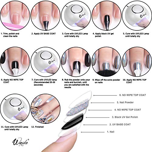 Nail Powder WENIDA 8 Jar Holographic Chameleon Chrome Mirror Laser Synthetic Resin Pigment with 8 False Nails and Silicone Nail Brush for Manicure Decoration