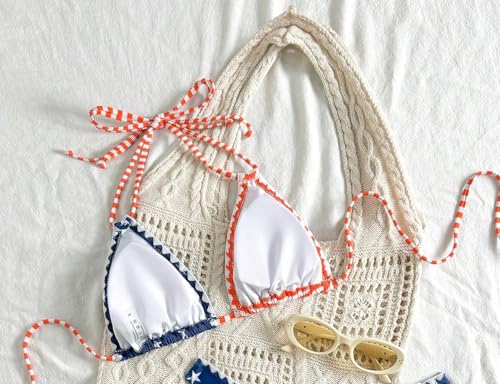 Image of ZAFUL Women Halter Dual Straps Whip Stitch Floral Triangle Bikini Swimsuits