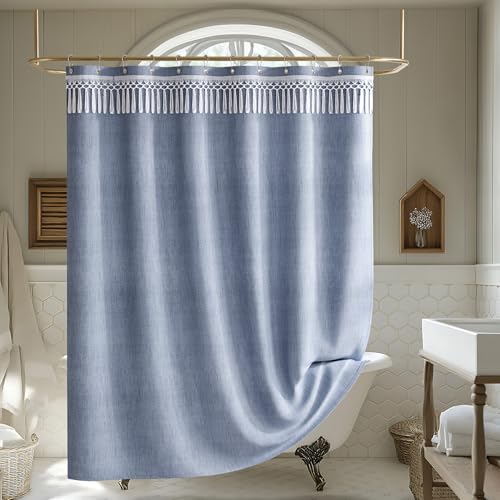 Image of AmazerBath Blue Boho Shower Curtains for Bathroom, Farmhouse Shower Curtain with Top Tassels, Blue Shower Curtain Set, Faux Linen Fabric Shower Curtain with 12 Hooks, Hotel Quality, 72x72 Inches