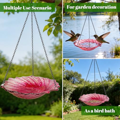 Image of HONGLAND Bird Baths for Outdoors, 11 inch Pink Glass Birdbaths Outdoor Birdfeeder with Metal Stake