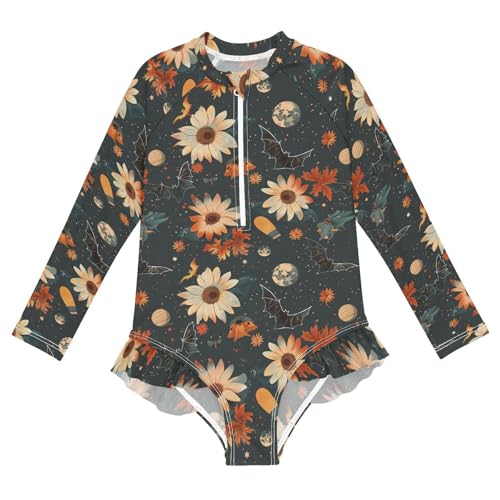CaTaKu Girls One Piece Swimsuit Boho Halloween Bat Toddler Bathing Suit Long Sleeve UPF 50+ Rash Guard Swimwear 3-12Y
