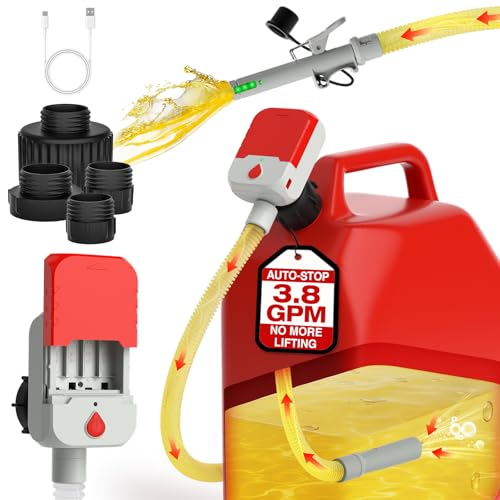 Keimi Portable Fuel Transfer Pump with Auto-Stop 3.8 Gallon per Min 51 Extra Long Hose Battery & USB Powered 4 Can Adapters Leak-proof Gas Pump for Oil Diesel and Gasoline