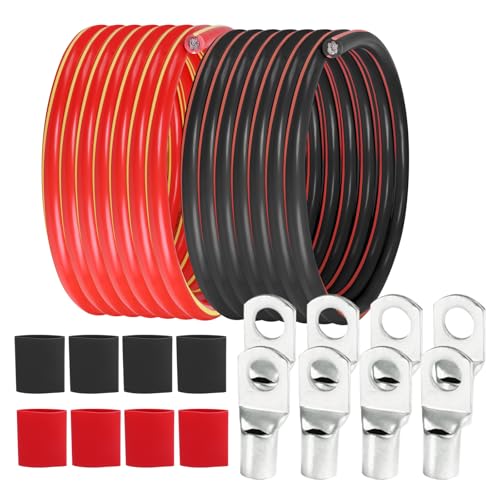 SUNNAREPOON 2 Gauge Battery Cable (12 Feet Black, 12 Feet Red) - 2 AWG Copper Clad Power Welding Wire with M8 & M10 SC Connector Lugs for Car, Camper, RV, Solar Low Voltage Inverter Wiring