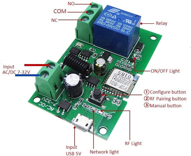 MHCOZY 2-kanaals draadloos RF-relais met automatische vergrendeling in de afstandsbedieningsmodus voor toegangscontrole Smart Garage Deur Compatibel met Alexa Goolge Home (Smart Life App
