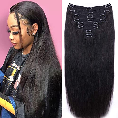 Straight Human Hair Clip In Hair Extensions For Black Women 100% Unprocessed Full Head Brazilian Virgin Hair Natural Black Color,8/Pcs With 18Clips,120 Gram (26Inch, Straight Hair) #TOP2