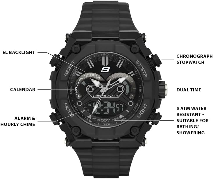 Skechers Analog-Digital Watch SR1042 El Segundo Black with labeled buttons and features
