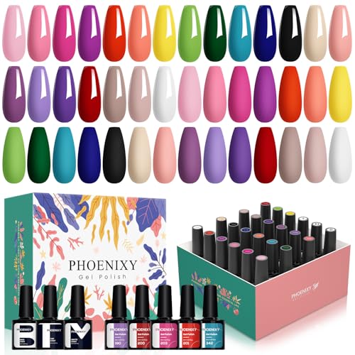 PHOENIXY 24 PCS Gel Nail Polish, Purple Colors Gel Nail Polish Set with Base Glossy Matte Top Coat Black Red Nail Kit Gifts for Women (PCB9028)