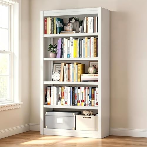 Image of 69 inch Tall Metal Bookshelf, 5-Tier Heavy Duty Bookcase White | Adjustable Shelves, Open Display Storage, Anti-Tip Safety Design, Ideal for Living Room, Home Office & Garage