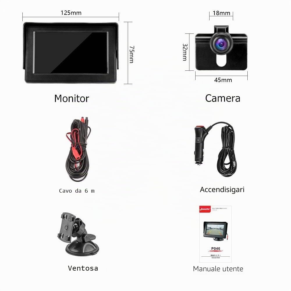 Telecamera Posteriore per Auto Telecamera di Retromarcia con Monitor LCD da 4,3", IP68 Impermeabile Fotocamera, Visione Notturna, Sistema di Assistenza al Parcheggio