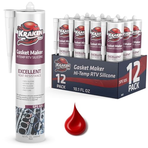 Image of Kraken Bond Red RTV Silicone Gasket Maker - (12x10.1 fl.oz) High Temp Silicone Sealant for Automotive, Heat Resistant Up to 600F, Oil Resistant Automotive Silicone Sealant, 12 Pack