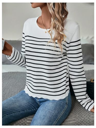 Verdusa Women's Striped Button Back Sweater Crew Neck Long Sleeve Scalloped Casual Pullovers3