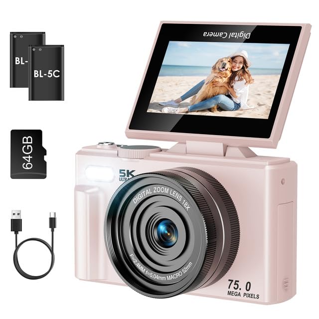 SOPPY 5K Digitalkamera 75MP Vlogging Kamera 3,0 Zoll 180° Flip-Screen Kompaktkamera 64GB 18X Digitalzoom Rosa