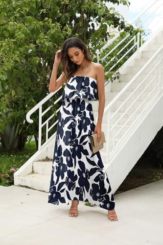 Image of ZMPSIISA Women's Summer Off The Shoulder Maxi Dress Ruffle Strapless Blue White Porcelain Boho Casual Loose Long Dresses
